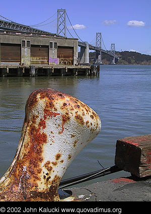 Photographs of Red's Java House and the Bay Bridge from the San Francisco waterfront.